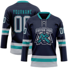 Загрузить изображение в средство просмотра галереи, Custom Navy Gray-Teal Hockey Lace Neck Jersey
