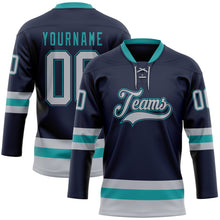 Загрузить изображение в средство просмотра галереи, Custom Navy Gray-Teal Hockey Lace Neck Jersey
