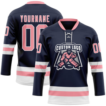 Custom Navy Medium Pink-White Hockey Lace Neck Jersey