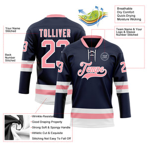 Custom Navy Medium Pink-White Hockey Lace Neck Jersey