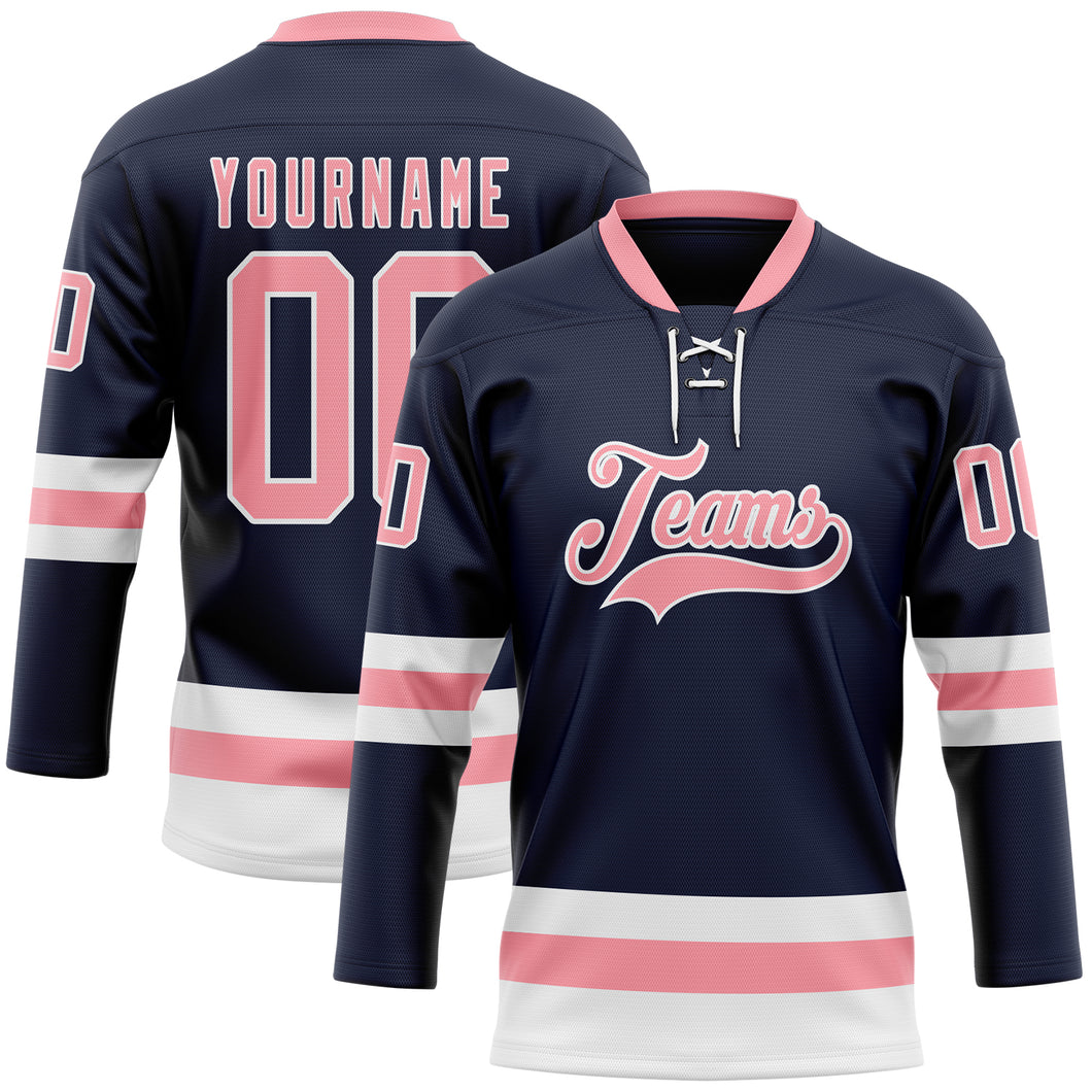 Custom Navy Medium Pink-White Hockey Lace Neck Jersey