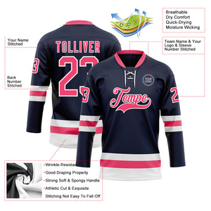 Custom Navy Neon Pink-White Hockey Lace Neck Jersey