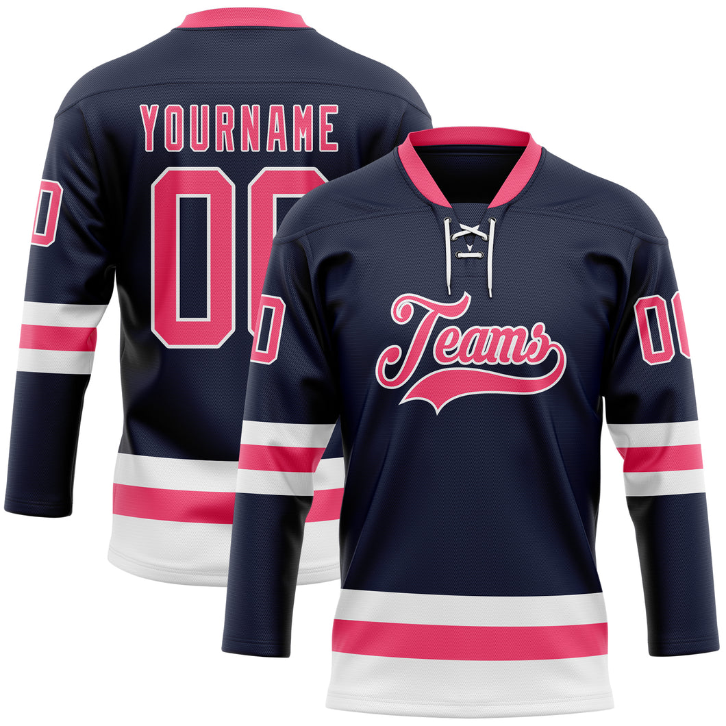 Custom Navy Neon Pink-White Hockey Lace Neck Jersey