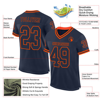 Custom Navy Orange Mesh Authentic Throwback Football Jersey