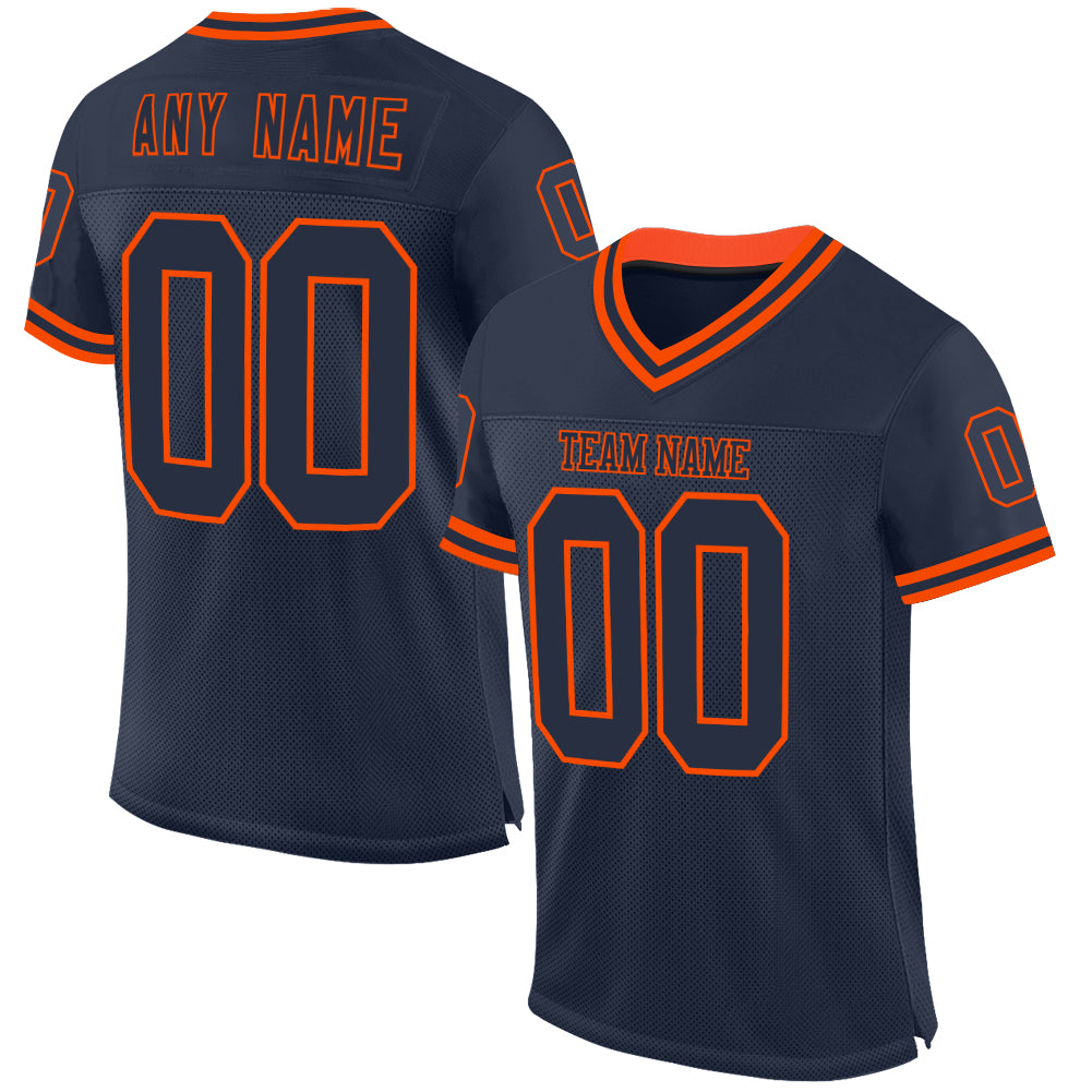 Custom Navy Orange Mesh Authentic Throwback Football Jersey