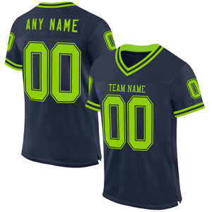 Custom Navy Neon Green Mesh Authentic Throwback Football Jersey