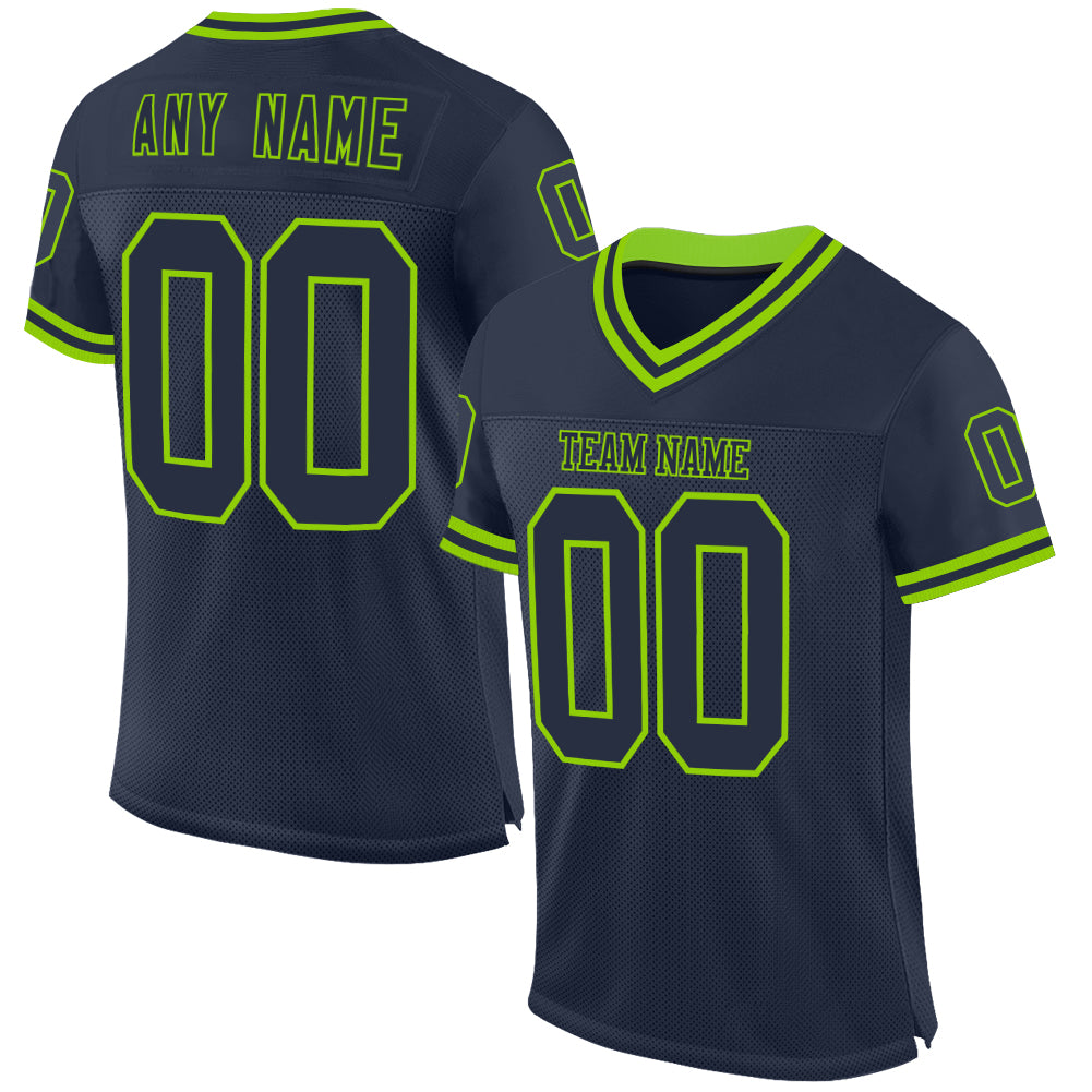 Custom Navy Neon Green Mesh Authentic Throwback Football Jersey