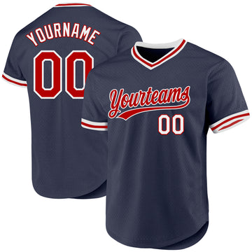 Custom Navy Red-White Authentic Throwback Baseball Jersey