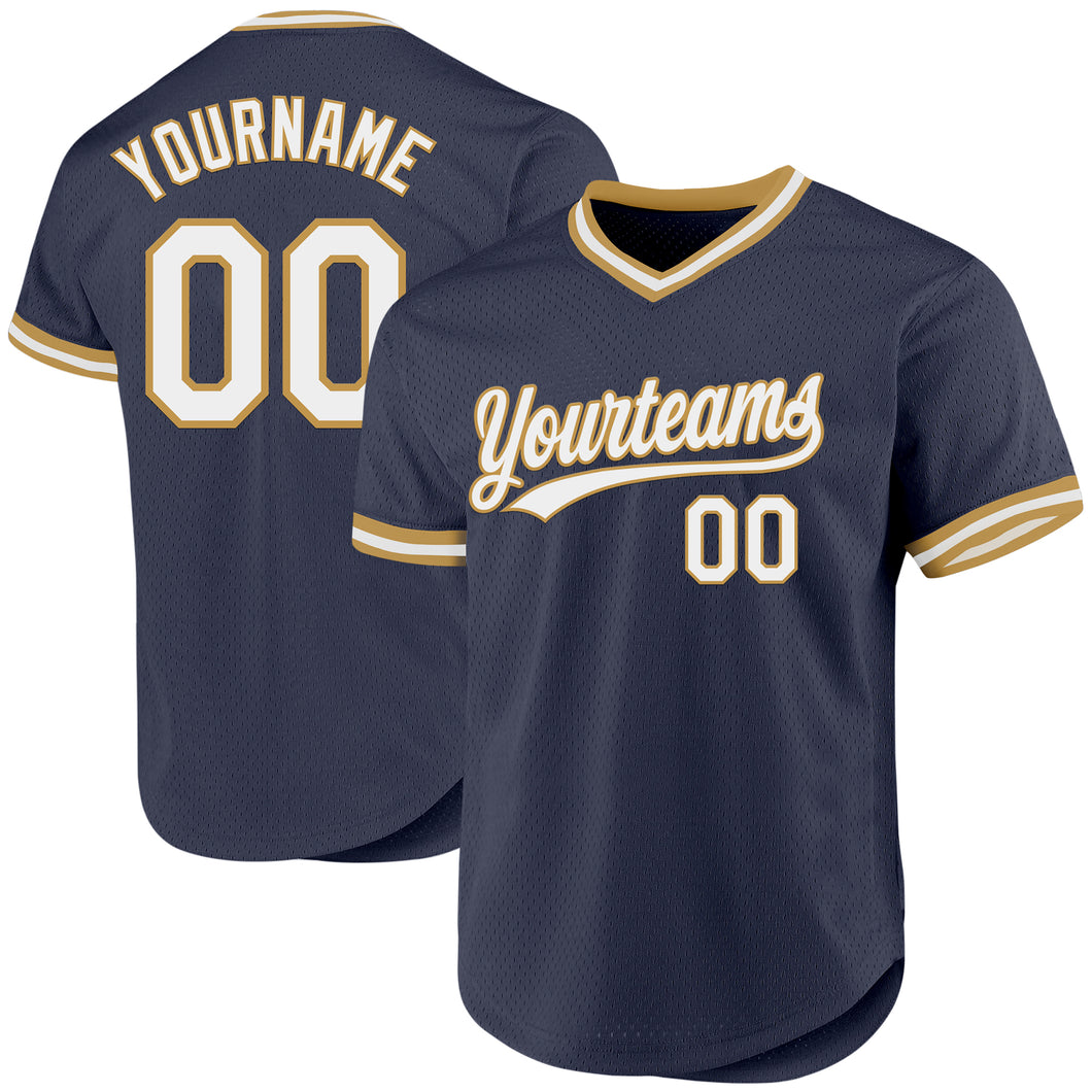 Custom Navy White-Old Gold Authentic Throwback Baseball Jersey