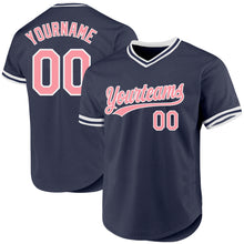 Load image into Gallery viewer, Custom Navy Medium Pink-White Authentic Throwback Baseball Jersey
