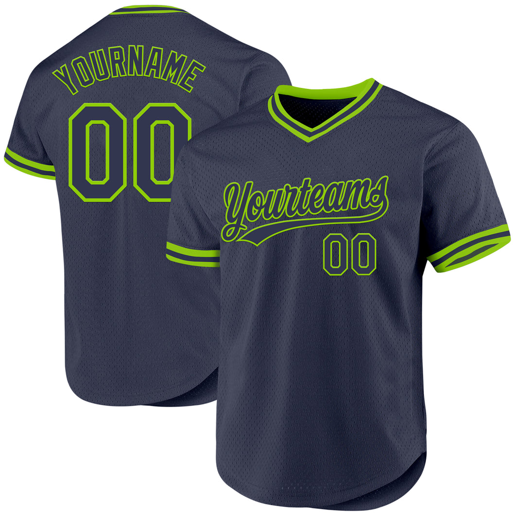 Custom Navy Neon Green Authentic Throwback Baseball Jersey