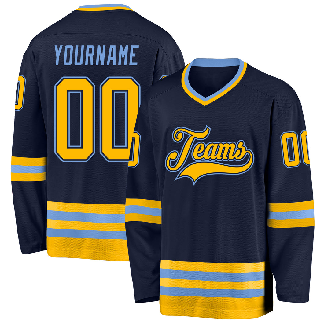 Custom Navy Gold-Light Blue Hockey Jersey