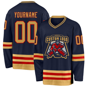 Custom Navy Old Gold-Red Hockey Jersey