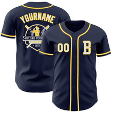 Load image into Gallery viewer, Custom Navy White-Yellow Authentic Baseball Jersey
