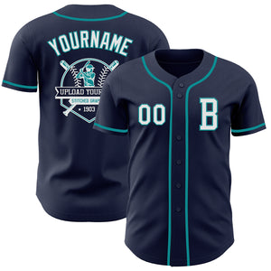 Custom Navy White-Teal Authentic Baseball Jersey