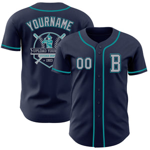 Custom Navy Gray-Teal Authentic Baseball Jersey