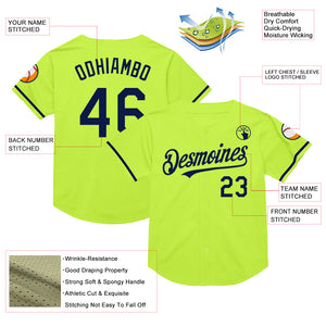 Custom Neon Green Navy Mesh Authentic Throwback Baseball Jersey