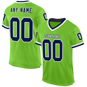 Custom Neon Green Navy-White Mesh Authentic Throwback Football Jersey