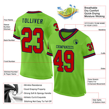 Custom Neon Green Red-Navy Mesh Authentic Throwback Football Jersey