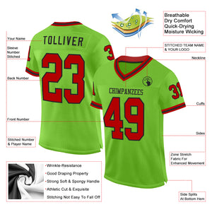 Custom Neon Green Red-Black Mesh Authentic Throwback Football Jersey