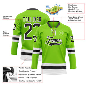 Custom Neon Green Black-White Hockey Lace Neck Jersey