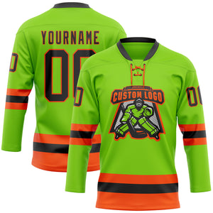 Custom Neon Green Black-Orange Hockey Lace Neck Jersey