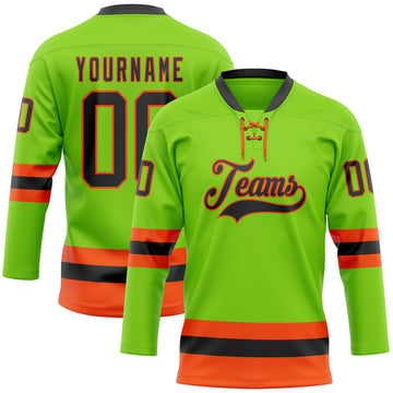 Custom Neon Green Black-Orange Hockey Lace Neck Jersey