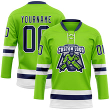 Загрузить изображение в средство просмотра галереи, Custom Neon Green Navy-White Hockey Lace Neck Jersey
