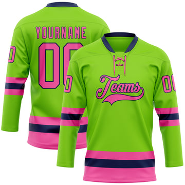 Custom Neon Green Pink-Navy Hockey Lace Neck Jersey