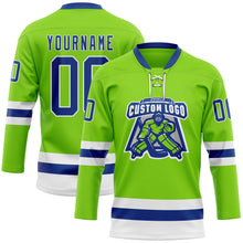 Загрузить изображение в средство просмотра галереи, Custom Neon Green Royal-White Hockey Lace Neck Jersey
