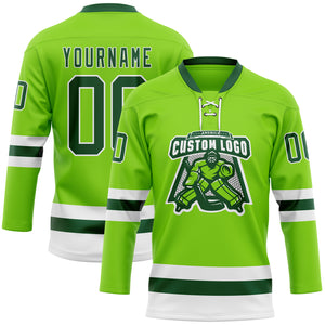 Custom Neon Green Green-White Hockey Lace Neck Jersey