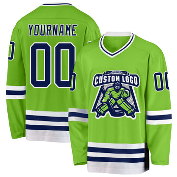 Custom Neon Green Navy-White Hockey Jersey