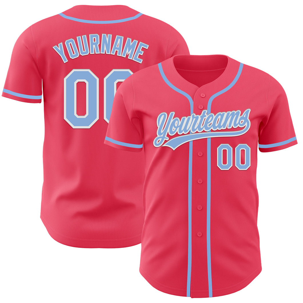 Custom Neon Pink Light Blue-White Authentic Baseball Jersey