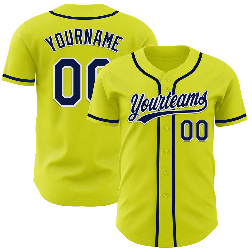 Custom Neon Yellow Navy-White Authentic Baseball Jersey