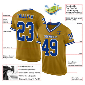 Custom Old Gold Royal-White Mesh Authentic Throwback Football Jersey