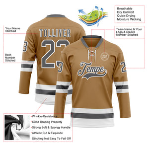 Custom Old Gold Steel Gray-White Hockey Lace Neck Jersey