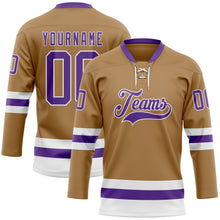 Laden Sie das Bild in den Galerie-Viewer, Custom Old Gold Purple-White Hockey Lace Neck Jersey
