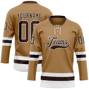 Custom Old Gold Brown-White Hockey Lace Neck Jersey