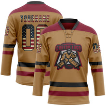 Загрузить изображение в средство просмотра галереи, Custom Old Gold Vintage USA Flag Black-Crimson Hockey Lace Neck Jersey
