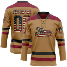 Загрузить изображение в средство просмотра галереи, Custom Old Gold Vintage USA Flag Black-Crimson Hockey Lace Neck Jersey
