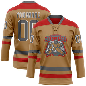 Custom Old Gold Steel Gray-Red Hockey Lace Neck Jersey