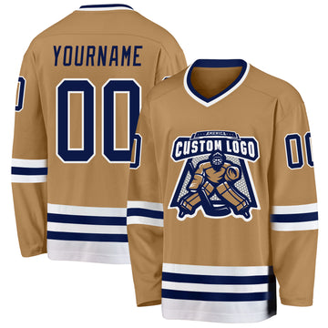 Custom Old Gold Navy-White Hockey Jersey