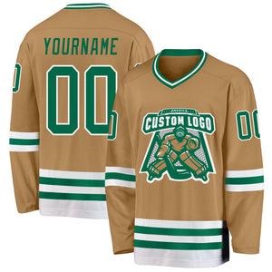 Custom Old Gold Kelly Green-White Hockey Jersey