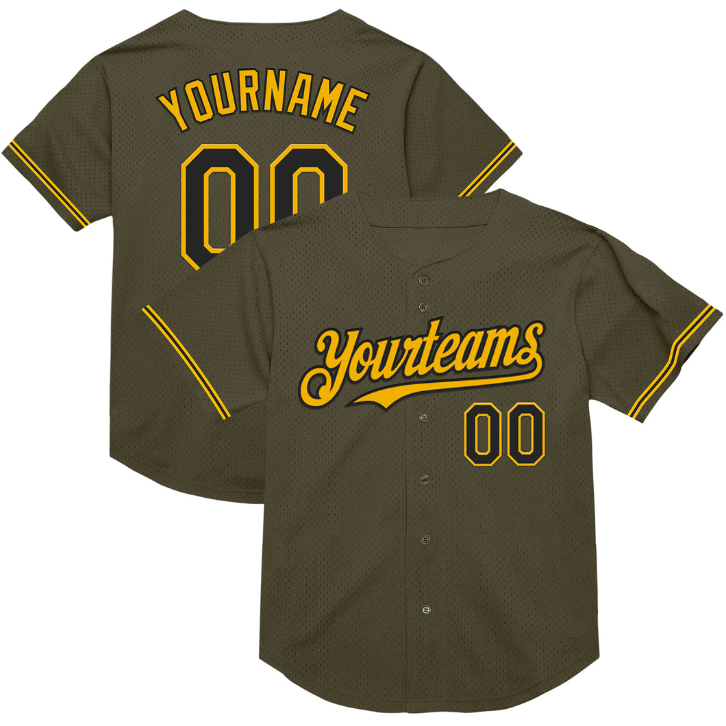 Custom Olive Black-Gold Mesh Authentic Throwback Salute To Service Baseball Jersey