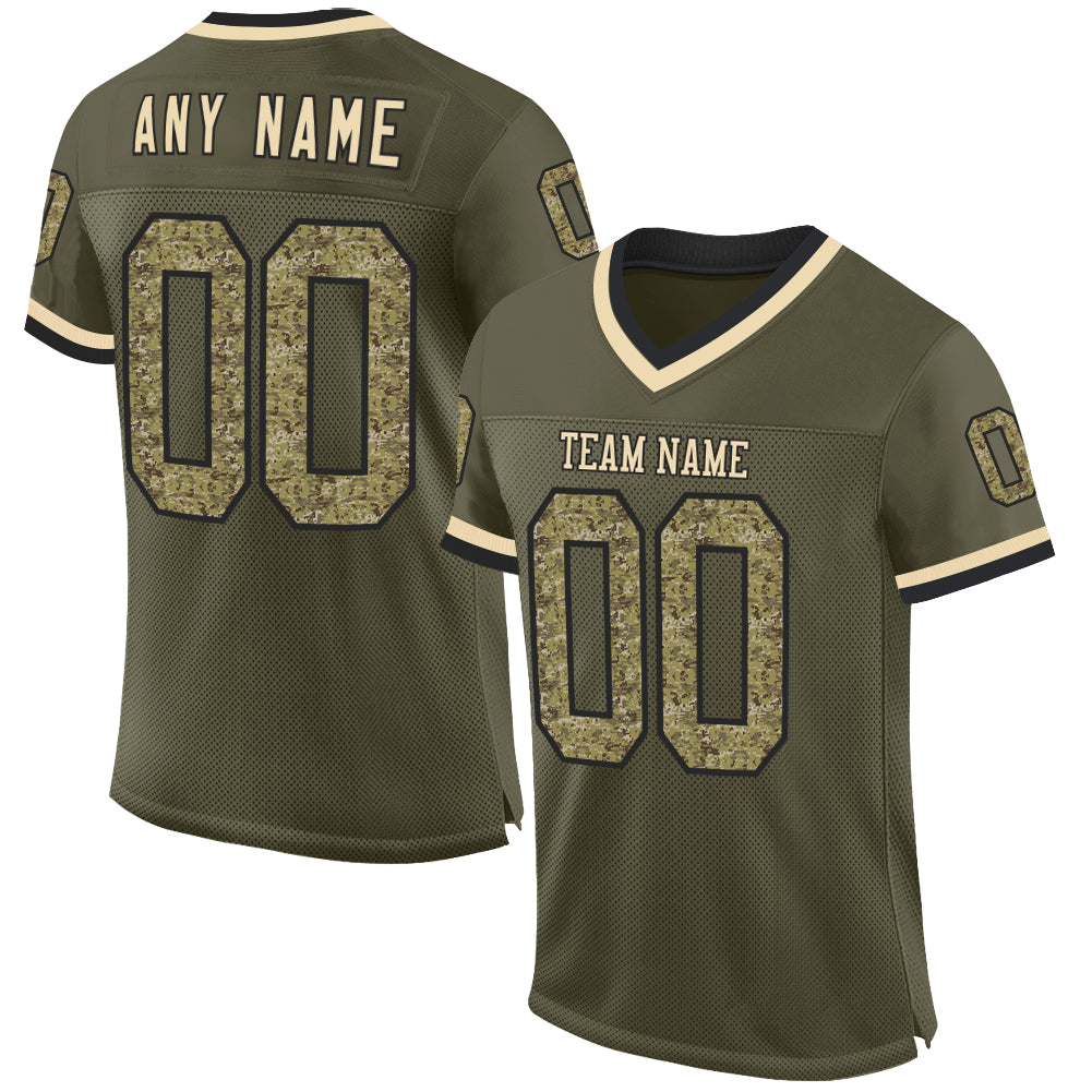 Custom Olive Camo Black-Cream Mesh Authentic Throwback Salute To Service Football Jersey