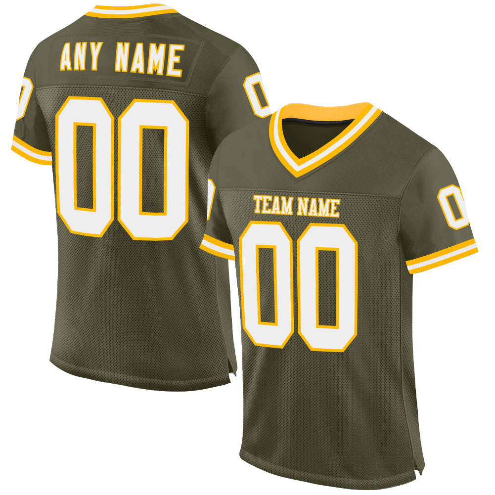 Custom Olive White-Gold Mesh Authentic Throwback Salute To Service Football Jersey