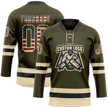 Загрузить изображение в средство просмотра галереи, Custom Olive Vintage USA Flag Cream-Black Salute To Service Hockey Lace Neck Jersey
