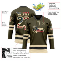 Загрузить изображение в средство просмотра галереи, Custom Olive Vintage USA Flag Cream-Black Salute To Service Hockey Lace Neck Jersey
