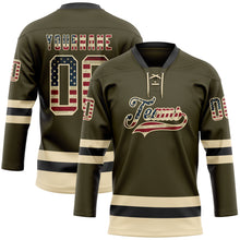 Загрузить изображение в средство просмотра галереи, Custom Olive Vintage USA Flag Cream-Black Salute To Service Hockey Lace Neck Jersey
