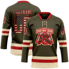 Загрузить изображение в средство просмотра галереи, Custom Olive Vintage USA Flag Red-Cream Salute To Service Hockey Lace Neck Jersey
